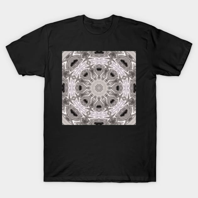 A Pearl and Black Onyx Abstract Mandala of Plunged Daggers, Hearts and Flowers T-Shirt by karenmcfarland13